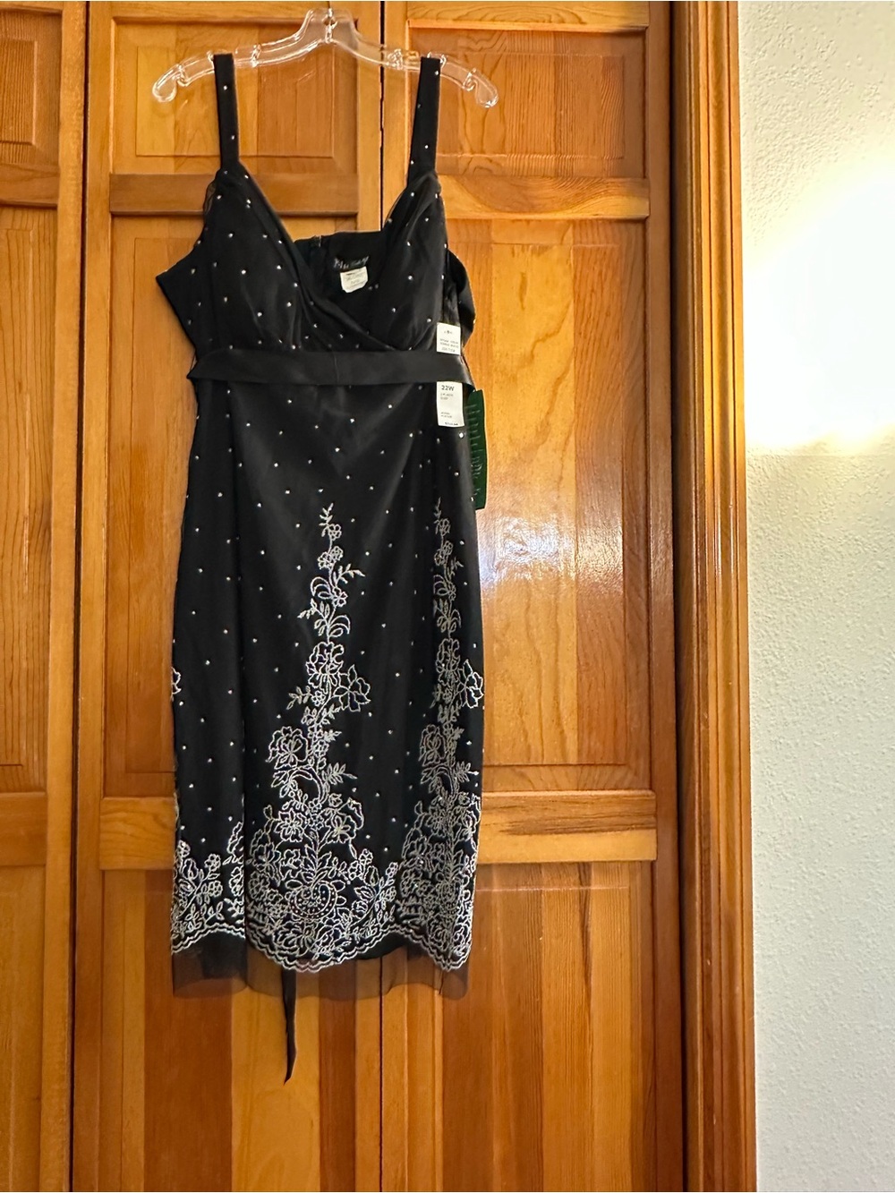 Blu Sage Black Midi Slip Dress with White Floral Hem Embroidery